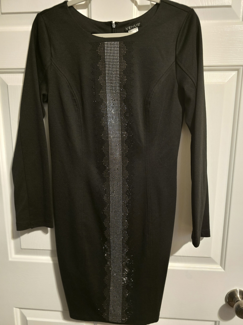 Venus Black Bodycon Dress Size 10 Long Sleeve Rhinestone Detail Cocktail Dress